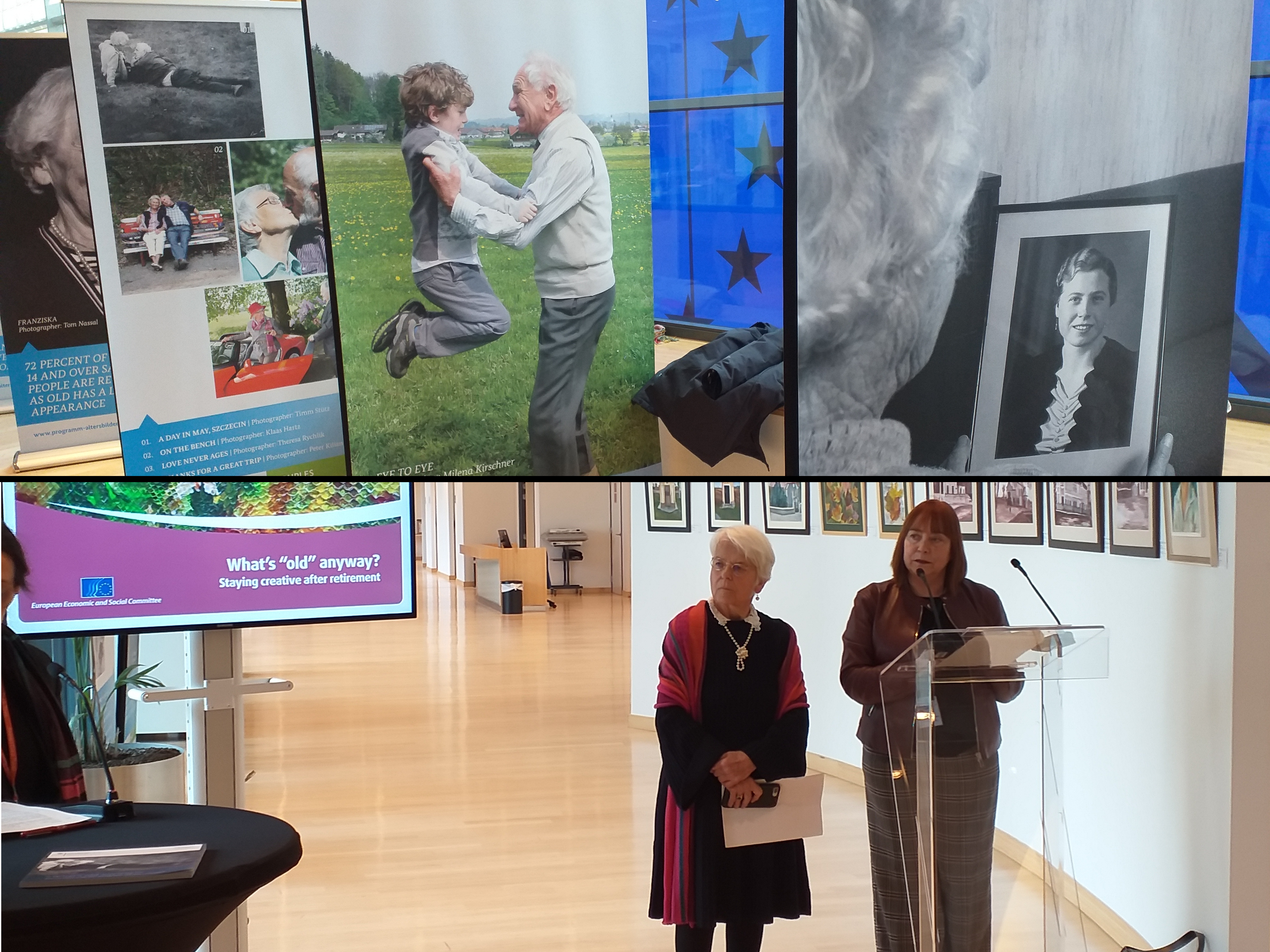 Top: a glimps of the exhibition | Bottom: BAGSO representative and EESC member Dr Renate Heinisch opening the exhibition